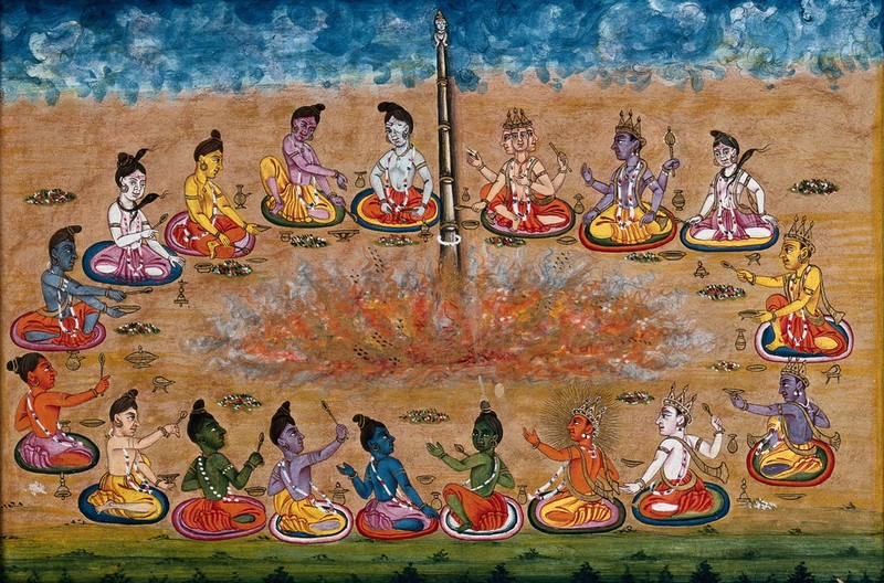 A Column Emerges From The Sacrificial Fire As Eighteen Deities Perform