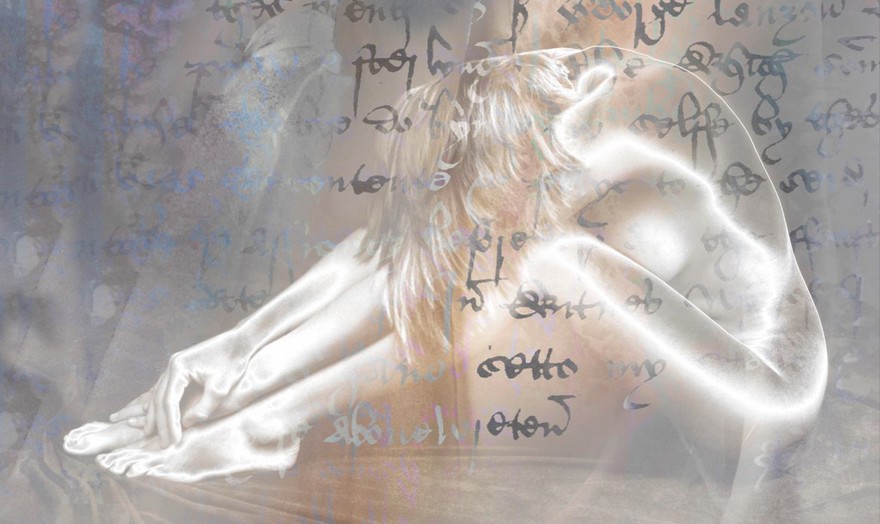 Body shapes, female, overlaid with writing