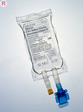 Bag of intravenous saline for infusion