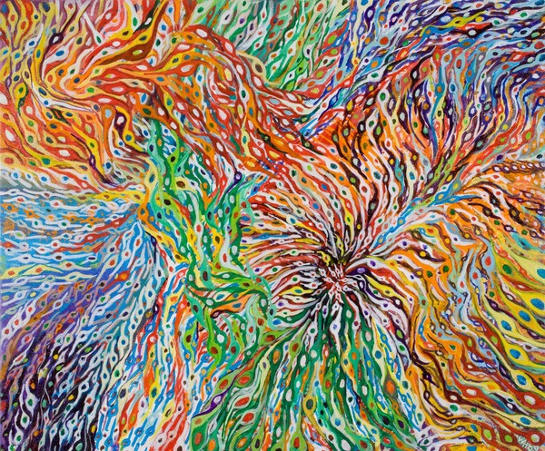 Neuronal migration is an artwork depicting many very young neurons that have been produced in the neuroepithelium migrating to their appropriate destinations in the brain. This image highlights the future of neuroscience showing different classes of cells colour coded. There is no available technique to do this now, but it is not far off considering the advances that have been made with brainbow mice. The brainbow technique allows for different cell types to be tagged with fluorescent proteins to track their development and connections with other cells.