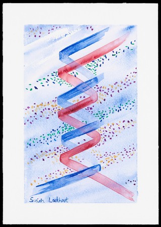 Illustration of the DNA double helix. The sugar-phosphate backbone of the two complementary strands are visible (red and blue).