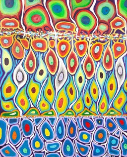 Cell fates in zebrafish retina, acrylic painting