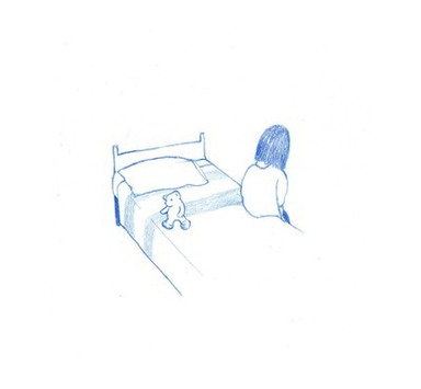 A sad lonely child sits on her bed, anxiety, illustration