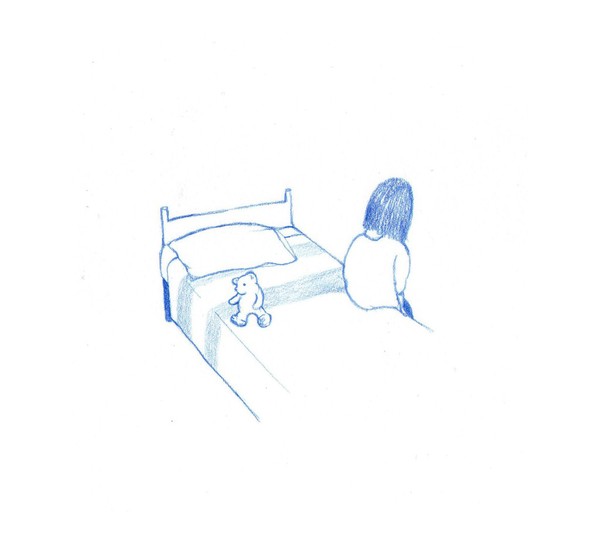 A sad lonely child sits on her bed, anxiety, illustration