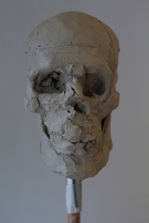 Human head sculpted in clay, skull viewed from the front