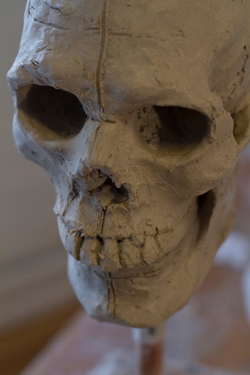 Human head sculpted in clay, refinement of facial features