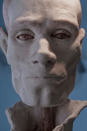 view Human head sculpted in clay, completed model