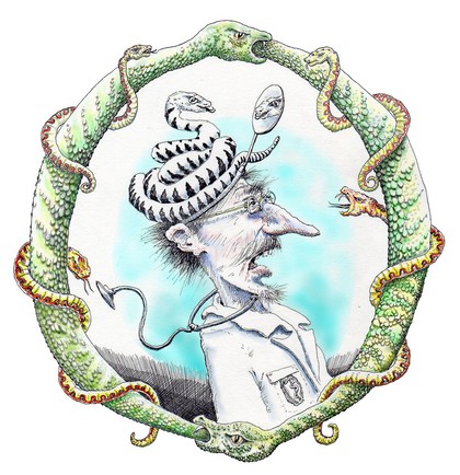 Caricatural illustration of ophidiophobia (fear of snakes)