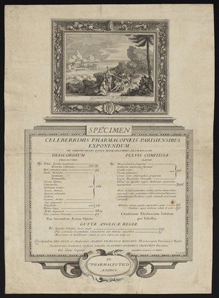 Specimen : celeberrimis pharmacopoeis Parisiensibus exponendam : die sabbath decima quinta mensis Decembris A.R.S.H.M.D.C.C.III ... Diascordium Fracastorii ... Pulvis Comitissae Kanth [sic] ... Guttae Anglicae Regiae ... Quodquidem ... / moderatore A.F. Boulduc ... conficere tentabit Claudius Josephus Geoffroy.