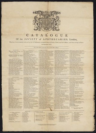 Catalogue of the Society of Apothecaries, London : who have been examined, and are by act of Parliament exempted from all Parish, Ward and Leet offices, and from serving on juries : incorporated 1617 ... / Frederick Kanmacher.