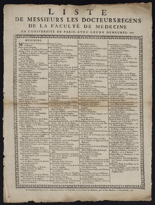Liste de Messieurs les docteurs-regens de la Faculté de médecine en l'Université de Paris, avec leurs demeures, 1770.