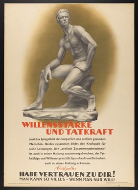 A sculpture of a naked young man seated, representing the National Socialist ideal of strength and health resulting from willpower and self-confidence. Colour lithograph, 193-.