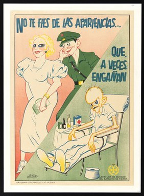 A soldier eyes a prostitute; the same soldier later suffers from syphilis or another sexually transmitted disease. Colour lithograph by Blas, 1936/1939.