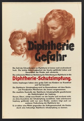 An anxious mother with her little boy; representing the danger of diphtheria. Colour lithograph, 1934 (?).