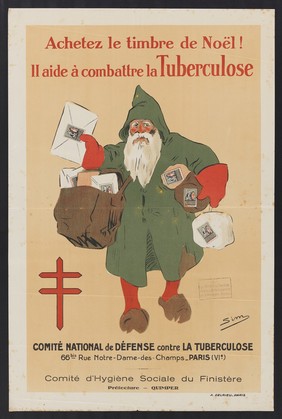 Father Christmas (Santa Claus) delivering Christmas mail sealed with the tuberculosis stamp. Colour lithograph by Sim, 193- (?).