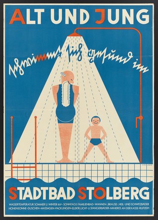 An old man and a boy taking a shower next to the swimming bath at Stolberg, North Rhine-Westphalia; advertising health benefits of baths and treatments available there for young and old. Colour lithograph after H. Lahaye, 194-.