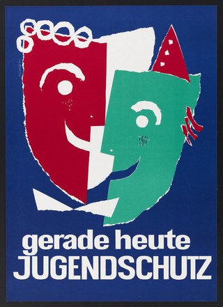 Two masks, one red, the other green, broken down the middle: representing the protection of children. Colour lithograph by (Paul?) Reding, 1961.