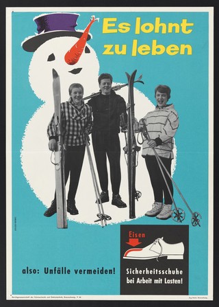 People on a skiing holiday with safe equipment; promoting use of iron-reinforced safety boots in the industrial workplace. Coloured lithograph by Atelier Börmel, 196- (?).