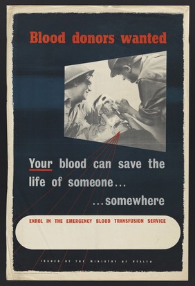 A wounded soldier, indicating the need for blood donations. Colour lithograph after Reginald Mount.