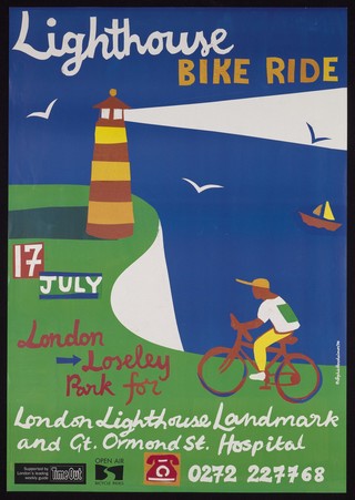 A man bicycling to a lighthouse, representing a charity bicycle ride in aid of the London Lighthouse. Lithograph after Sophie Herxheimer, 1994.