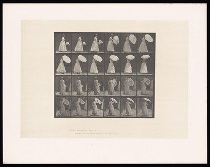 A woman opening an umbrella. Collotype after Eadweard Muybridge, 1887.