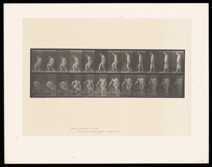 A man rising from a chair. Collotype after Eadweard Muybridge, 1887.