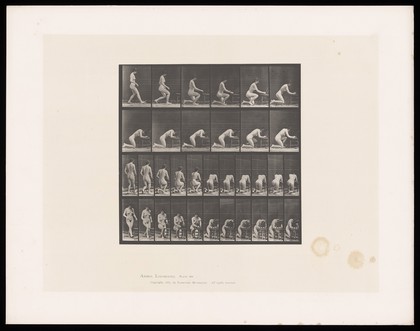 A woman kneeling down to pray. Collotype after Eadweard Muybridge, 1887.