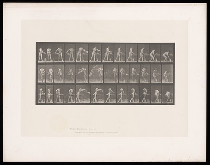 A woman filling up and emptying a bowl of water. Collotype after Eadweard Muybridge, 1887.