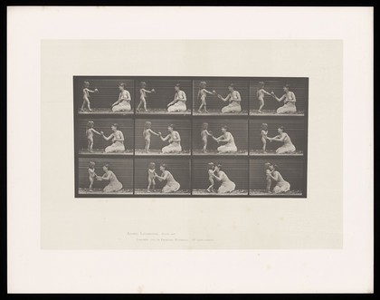 A woman being given a small bouquet by a little girl. Collotype after Eadweard Muybridge, 1887.