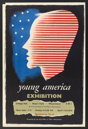 Profile of a young man in red stripes against a blue background of white stars; representing young America. Colour lithograph after F.H.K. Henrion.