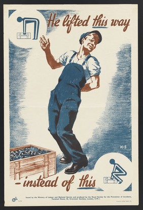 A man with an injured back after lifting a crate of heavy metal bolts; with diagrams of the approved and disapproved methods of lifting. Colour lithograph after K-S.
