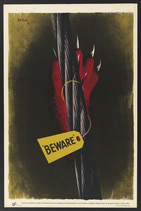 A frayed steel cable with dangerous, jagged projections. Colour lithograph after Pat Keely, 1945.