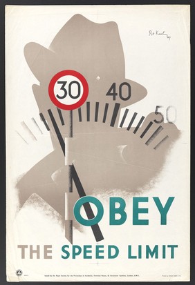 A man, seen in silhouette wearing a hat, driving a car, the speedometer of which is going over the 30 miles per hour mark which is in the form of a road sign indicating the speed limit. Colour lithograph after Pat Keely, 1947.