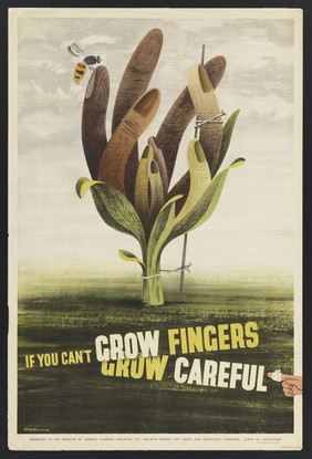 A plant with fingers growing out of the stem; advertising care in handling machine tools etc. in order to protect the fingers. Colour lithograph after Lewitt-Him.