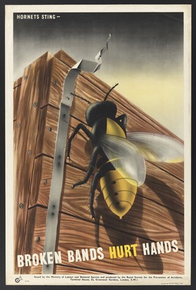 A hornet, and a metal band which has sprung loose from around a crate, comparing the effects of the two. Colour lithograph after G.R. Morris.