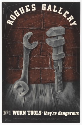 A spanner and an adjustable spanner, as if in conversation, standing against a brick wall covered with a spider's web. Colour lithograph after G.R. Morris, 1945.