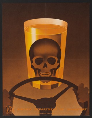 A skull in a drinking glass at the steering wheel of a motor vehicle, representing the fatal effects of drunken driving. Colour lithograph.