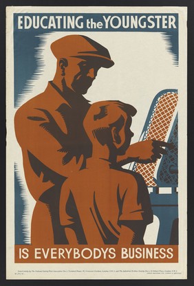 A boy being introduced to safe industrial practices by an older man wearing a cloth cap. Colour lithograph.