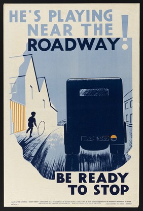 A boy bowling a hoop along the pavement alongside a van travelling on the road. Colour lithograph.