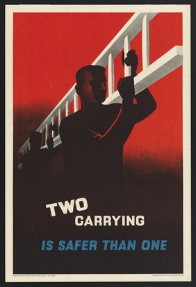 Two men carrying a ladder. Colour lithograph, ca. 1948.