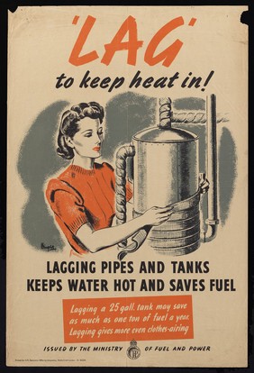 A woman lagging a hot-water tank. Colour lithograph.