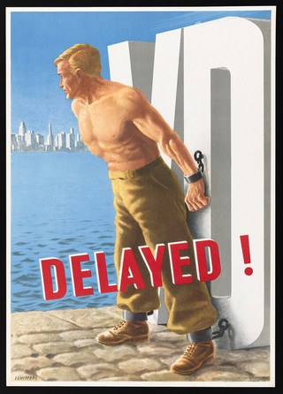 A soldier chained to the letters "VD" and therefore unable to visit New York City, visible across the water. Colour lithograph by F.O. Schiffers, 1946.