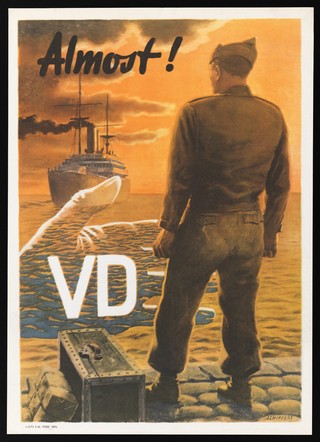 A serviceman prevented by venereal disease from joining his ship. Colour lithograph by F.O. Schiffers, 1946.