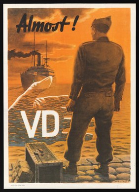 A serviceman prevented by venereal disease from joining his ship. Colour lithograph by F.O. Schiffers, 1946.