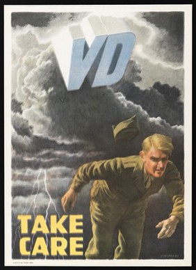 An American soldier running to escape a thunderbolt in the form of the letters VD, representing venereal disease. Colour lithograph by F.O. Schiffers, 1946.