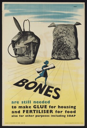 The need for bones to be supplied to make glue, fertiliser, soap, and other products. Colour lithograph by D. Dekk, ca. 1946/1948.