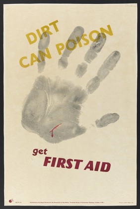 A handprint with a bleeding cut in the heel, representing the danger of septicaemia. Colour lithograph after L. Cusden.