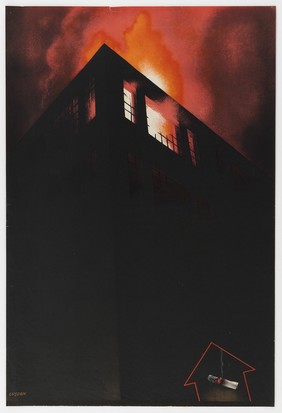 A cigarette pointing to a burning building, representing the fire hazard of smoking. Colour lithograph after L. Cusden.