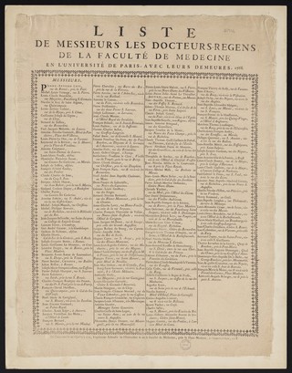 Liste de Messieurs les docteurs-regens de la Faculté de médecine en l'Université de Paris, avec leurs demeures, 1768.