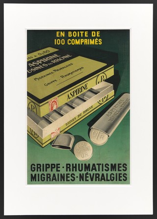 Aspirin tablets in tubes and boxes. Colour lithograph.
